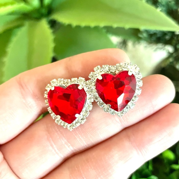 Cubic Zirconia Red Heart Stud Earrings - Picture 2 of 5
